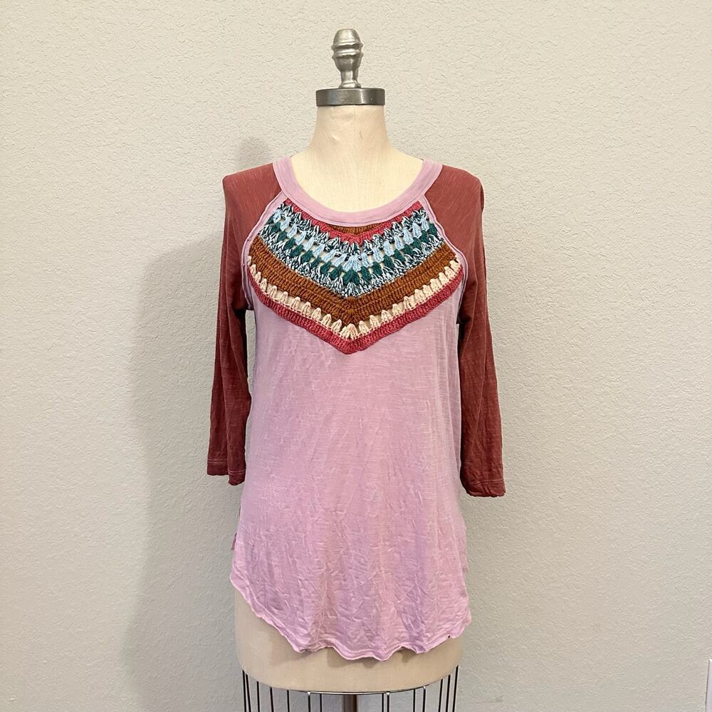 WE THE FREE Spring Bound Top Mauve Pink Crochet Knit 3/4 Sleeve Tee